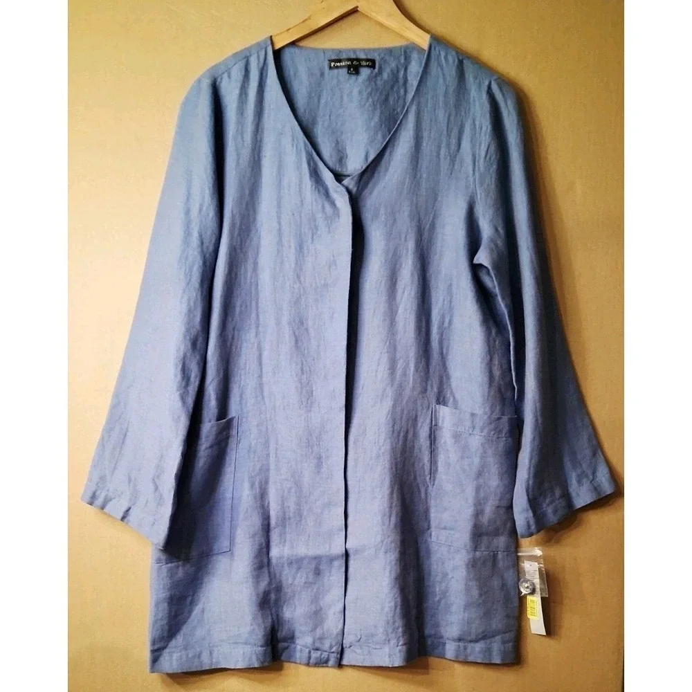 Preston & York Womens Linen Jacket Blue Middie 3/4 Sleeve Pocket Size 8 NWT $119